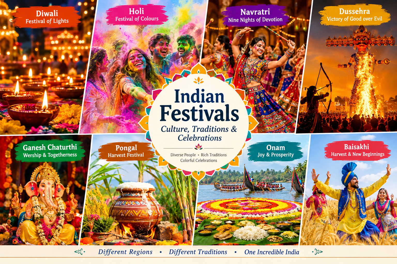 Colorful Indian festivals collage featuring Diwali, Holi, Navratri, Dussehra, Ganesh Chaturthi, Pongal, Onam and Baisakhi celebrations representing India’s diverse culture and traditions.”